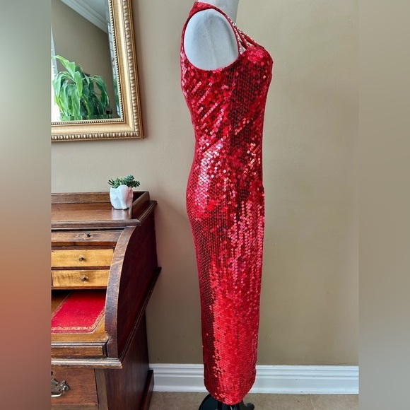 Vintage Niteline Della Roufogali Red Sequin Beaded Gown Maxi Dress Size 12 - Picture 8 of 12